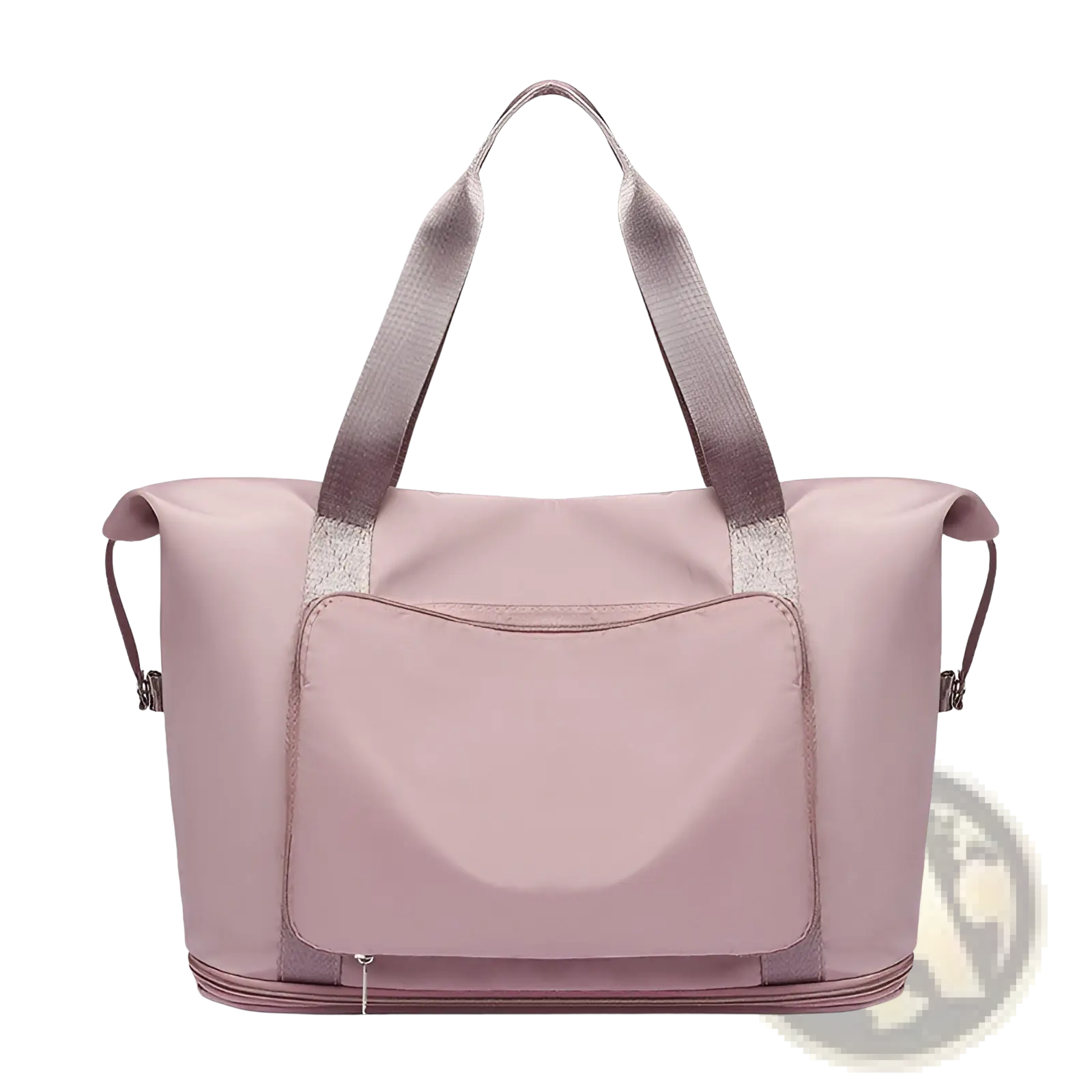 A soft pink foldable waterproof travel duffel bag with sturdy gray straps and front zippered shoe pocket