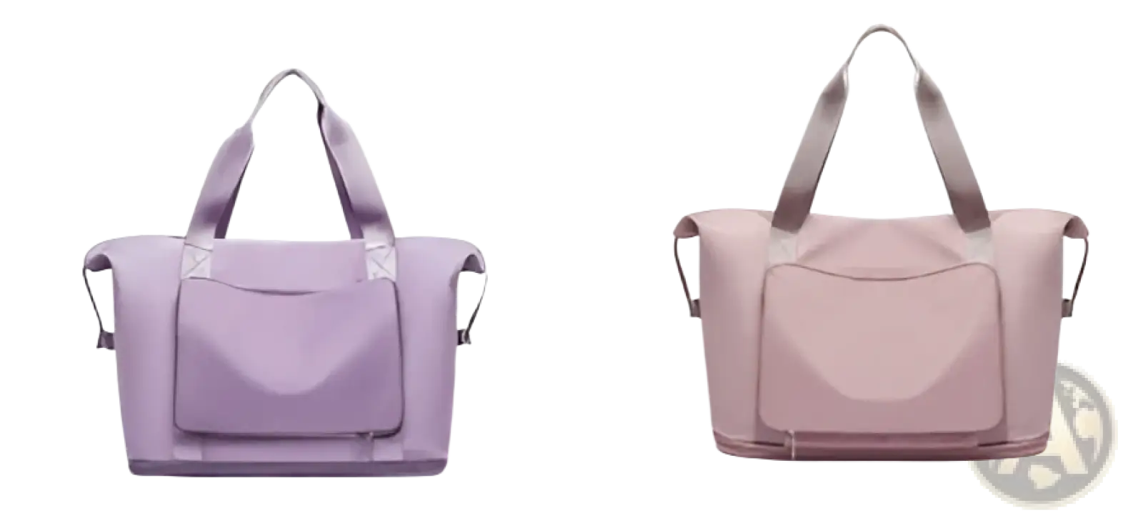Lavender and blush pink nylon foldable gym bags with structured design and reinforced handles for travel use