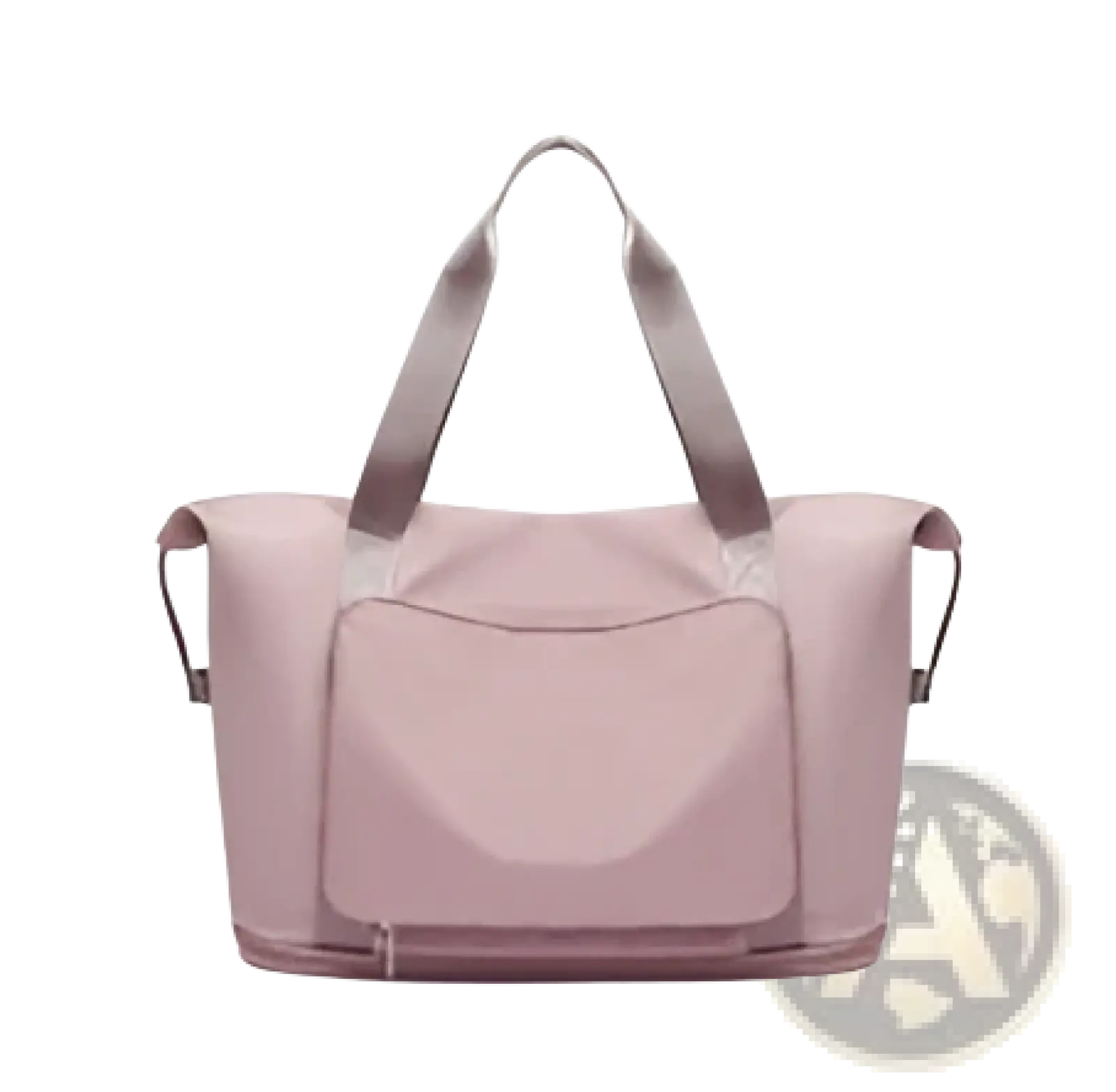 Pink foldable gym bag made of waterproof material with adjustable shoulder straps and front pocket for travel use