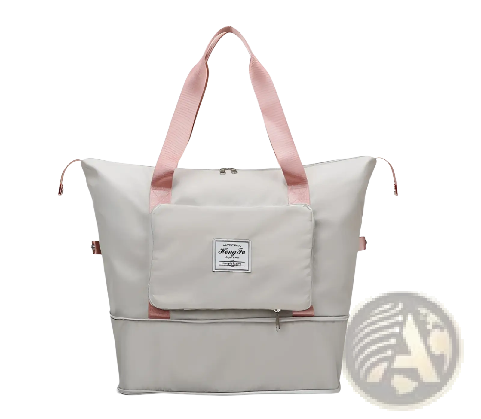 A light gray two-tiered foldable gym bag with pink fabric handles and shoe pocket for travel use