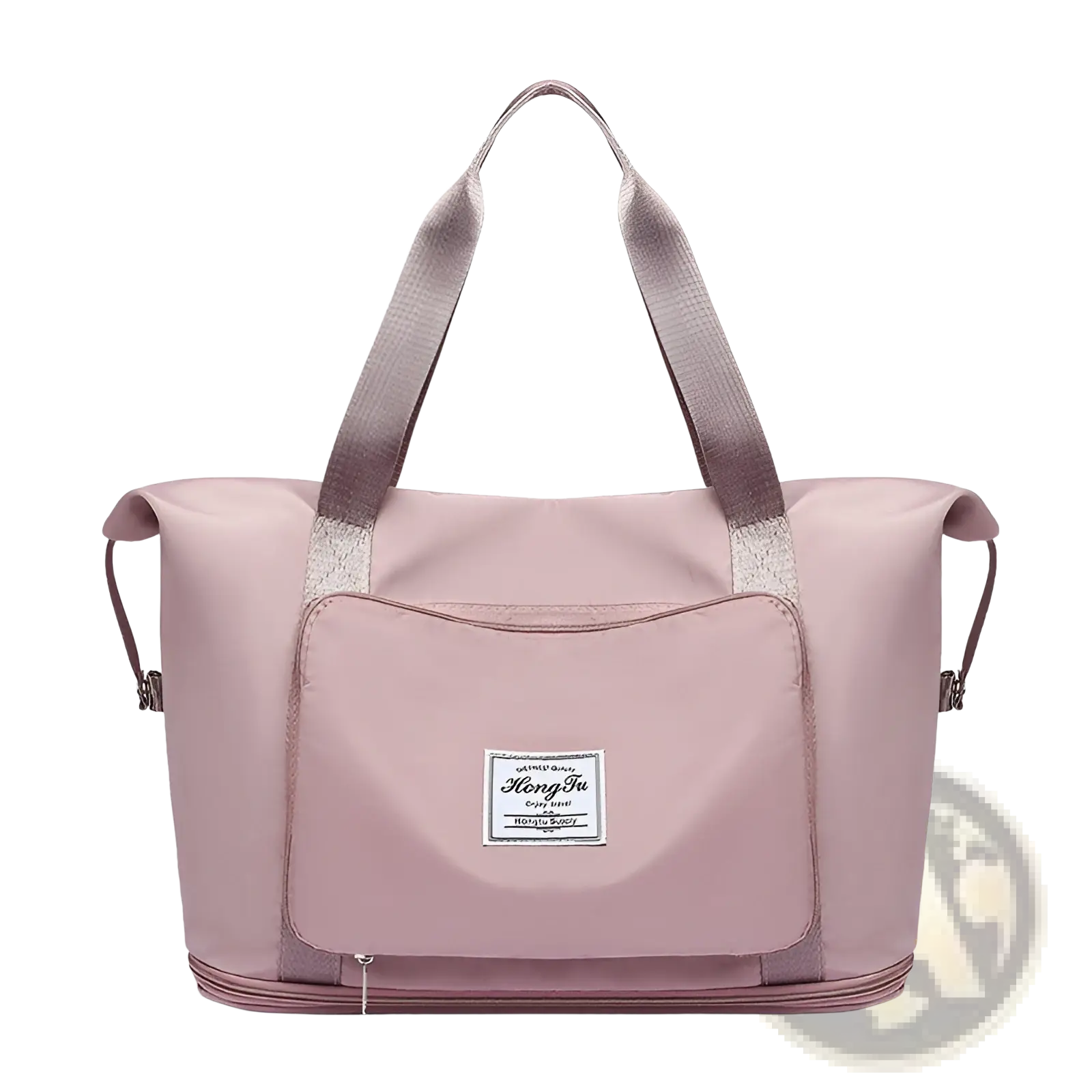 Pink nylon foldable gym bag with gray fabric handles and white label patch featuring a shoe pocket for travel use