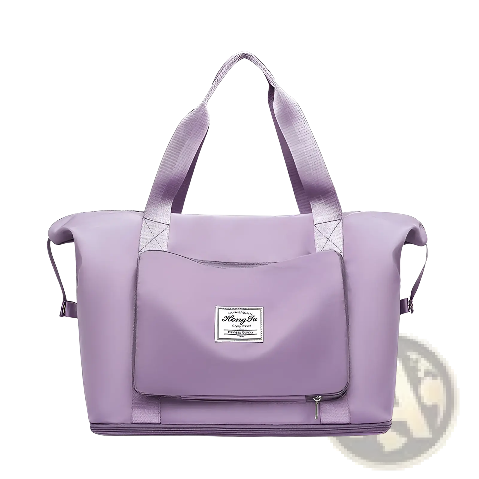 Lavender-colored nylon foldable gym bag with reinforced handles and front zippered pocket with white label patch