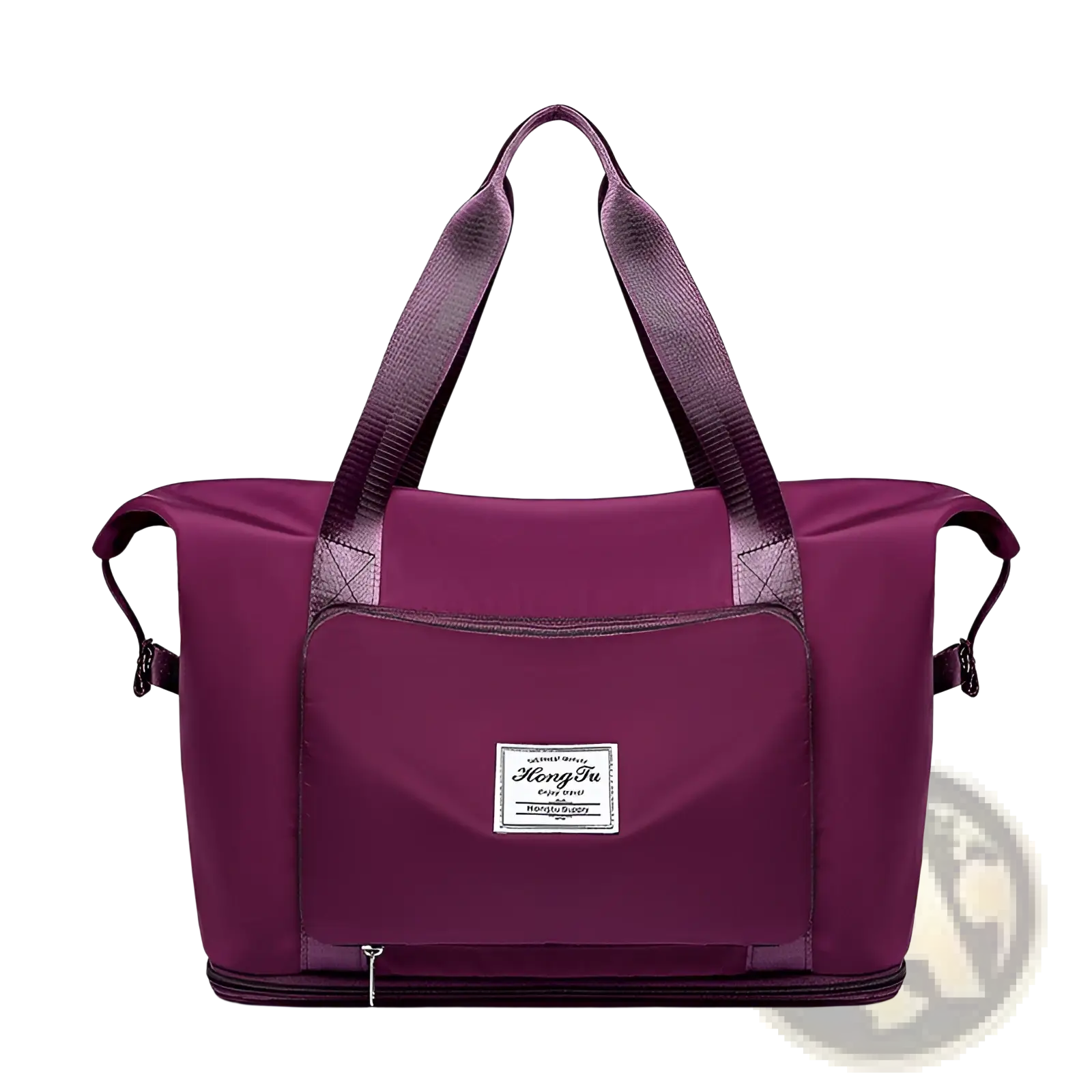 Purple nylon foldable gym bag with reinforced handles front zippered pocket waterproof travel duffel with shoe pocket