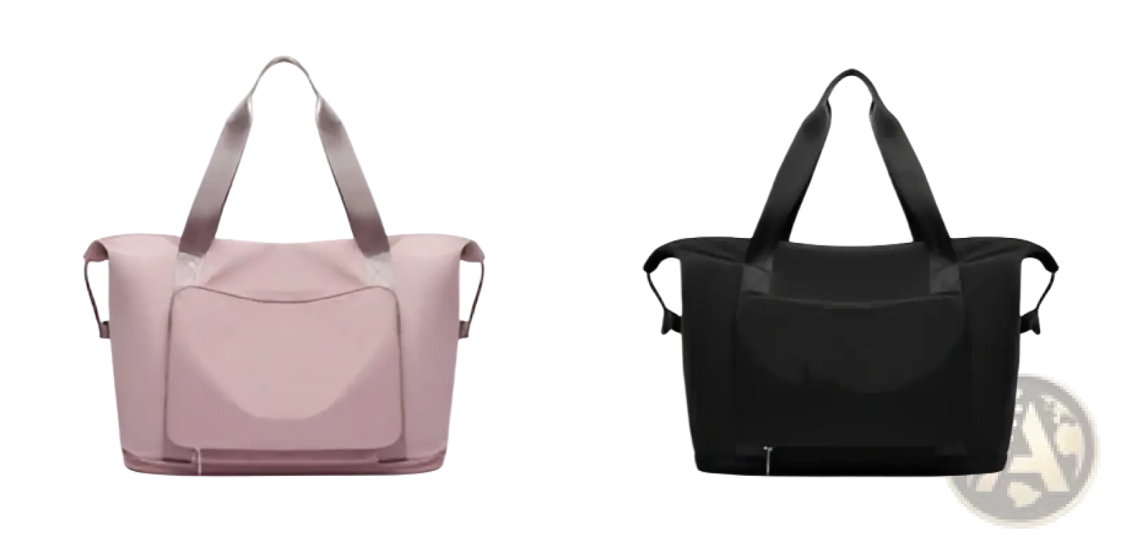 Foldable gym bag waterproof travel duffel in soft pink and black with sturdy handles and shoe pocket for convenience