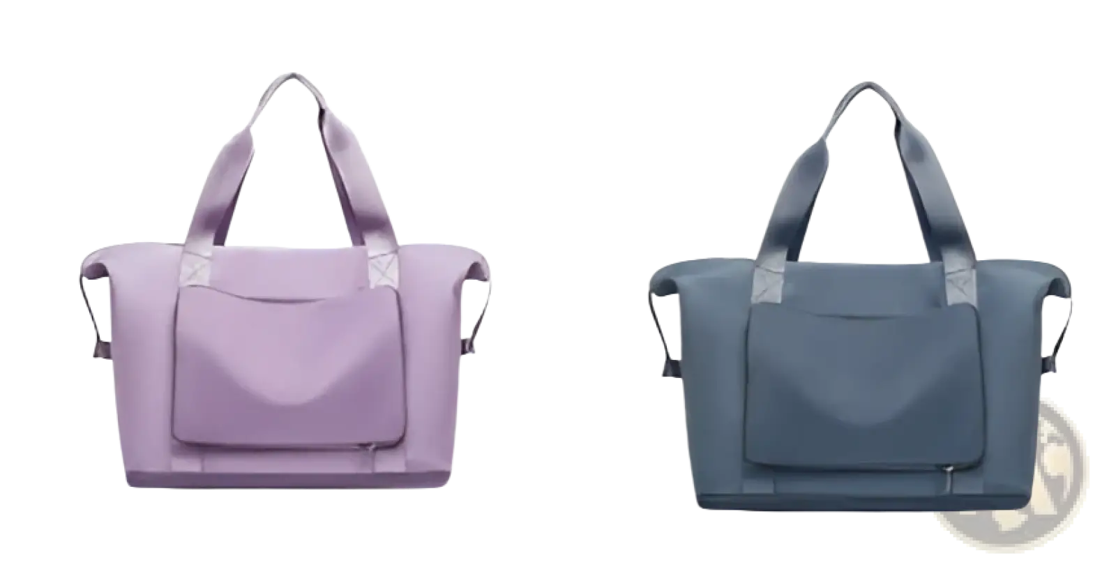 Foldable gym bags in lavender and navy blue lightweight fabric with waterproof duffel and shoe pocket features