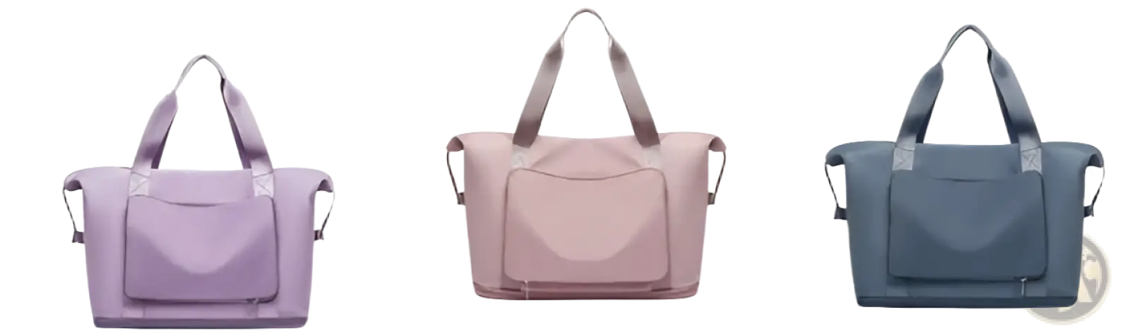 A sleek foldable gym bag in navy blue with waterproof fabric, durable handles, and a shoe pocket for travel use
