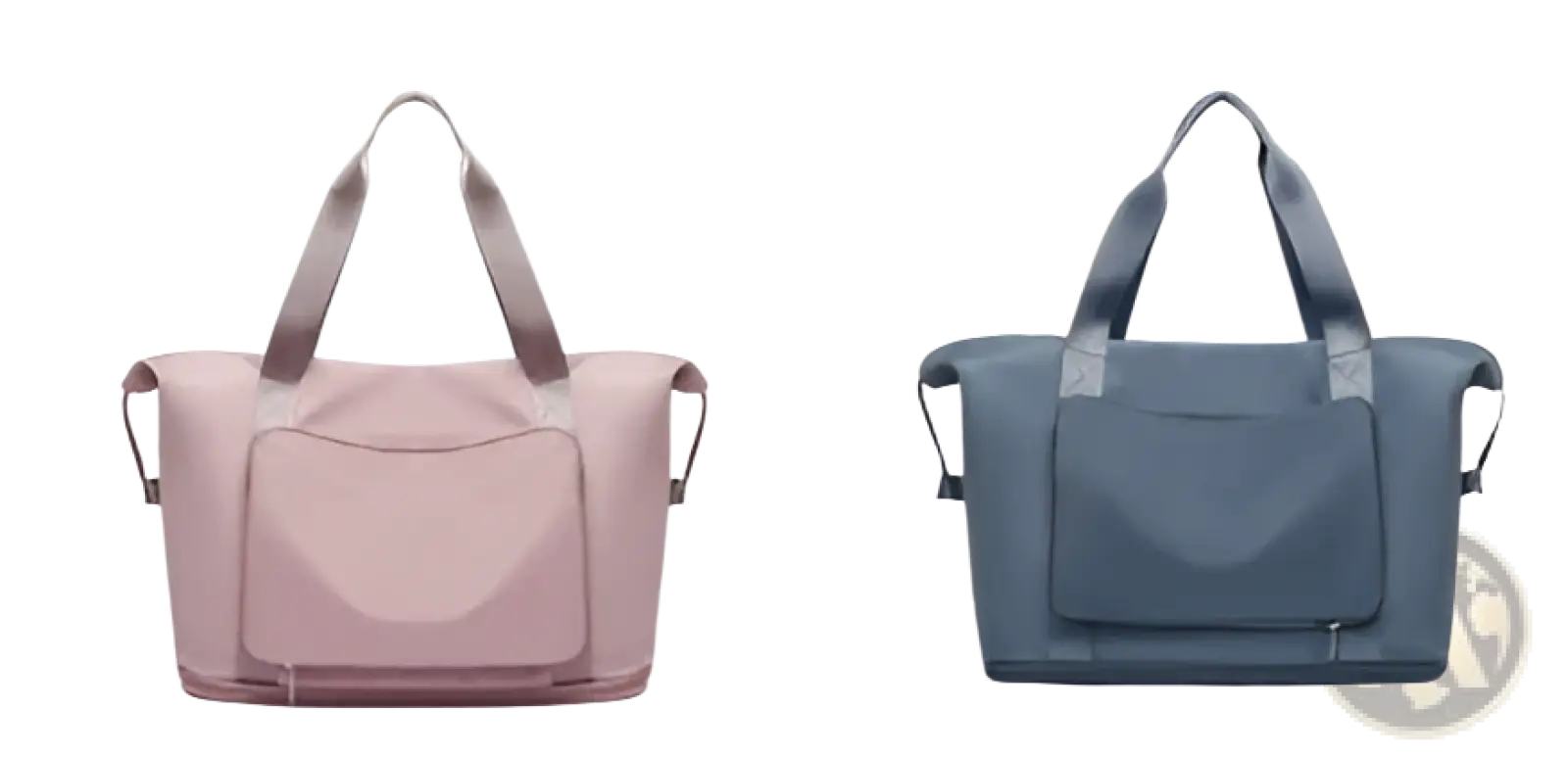 Foldable gym bag waterproof travel duffel in soft pink and muted blue gray with sturdy handles and minimalist design