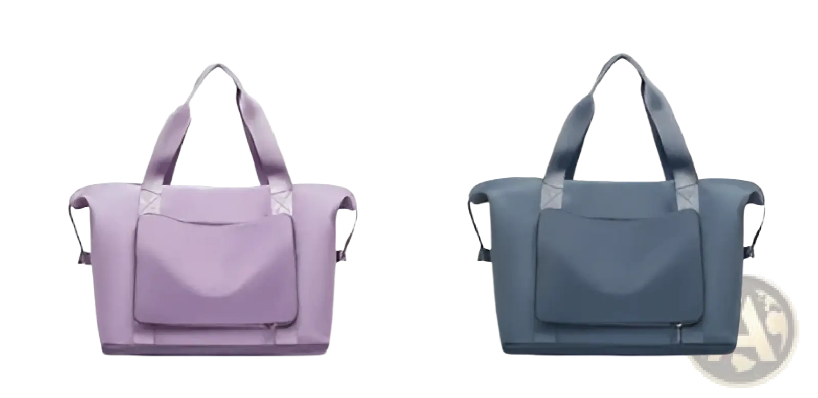 Foldable gym bag waterproof travel duffel in lavender and navy blue with reinforced handles and shoe pocket