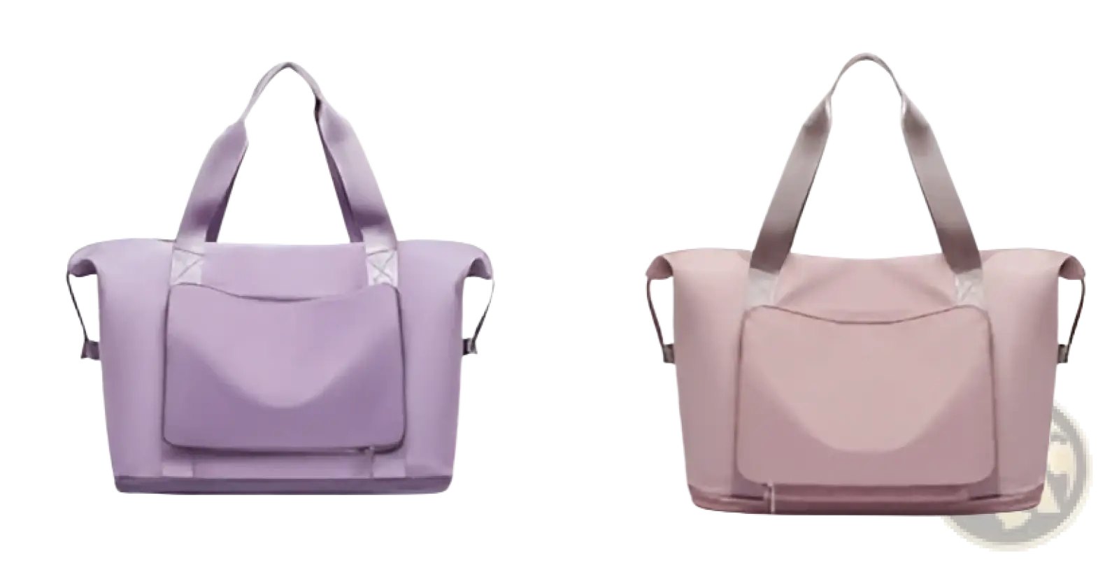 Two lavender and pink foldable gym bags with waterproof material and shoe pockets for travel and gym use