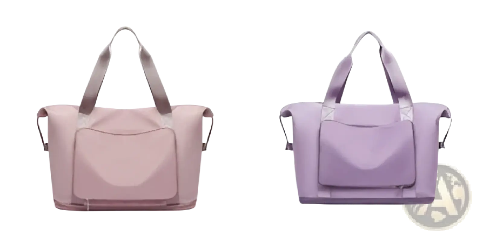 Two lavender foldable gym bags with waterproof material and shoe pockets for lightweight travel use