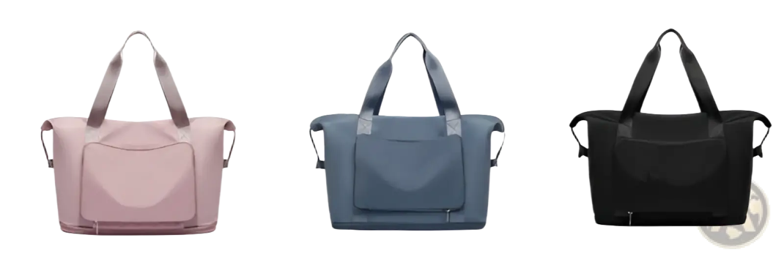 Foldable gym bag waterproof travel duffel in pink blue and black with sturdy handles and front pocket including shoe pocket