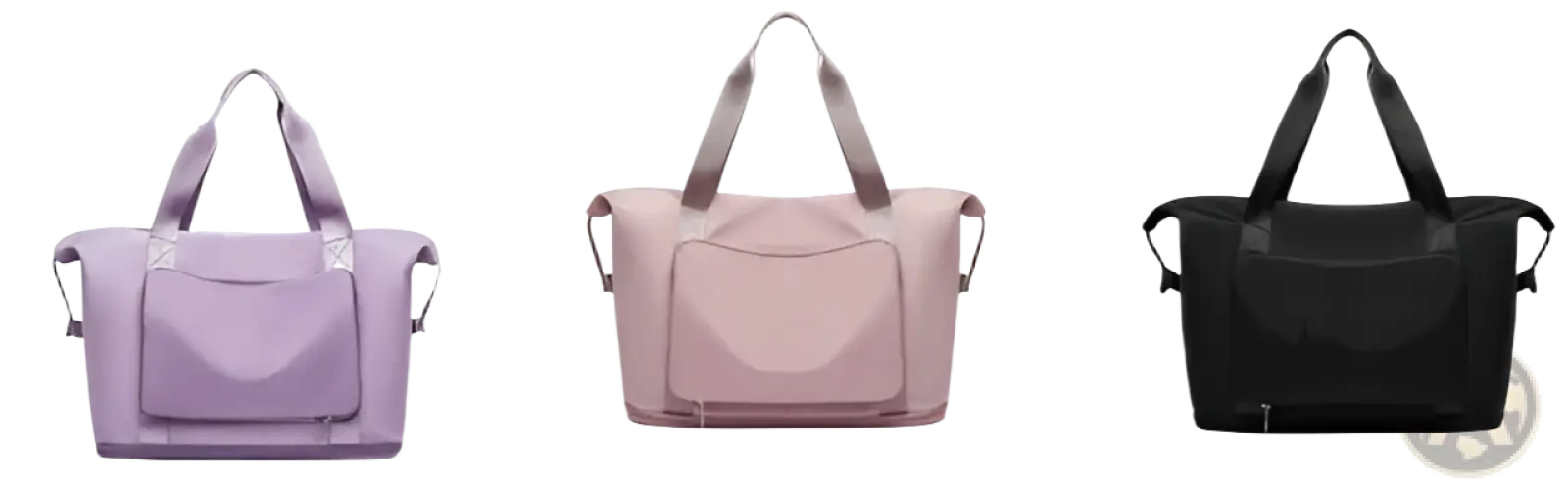 Foldable gym bag waterproof travel duffel in lavender blush pink and black with minimalist design and front shoe pocket