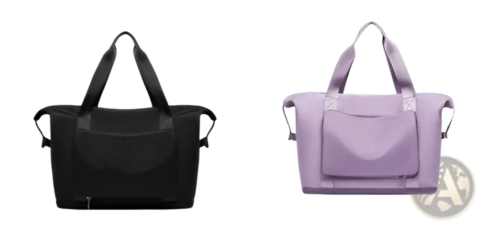 Foldable gym bag waterproof travel duffel in black and lavender nylon with top handles and front pockets