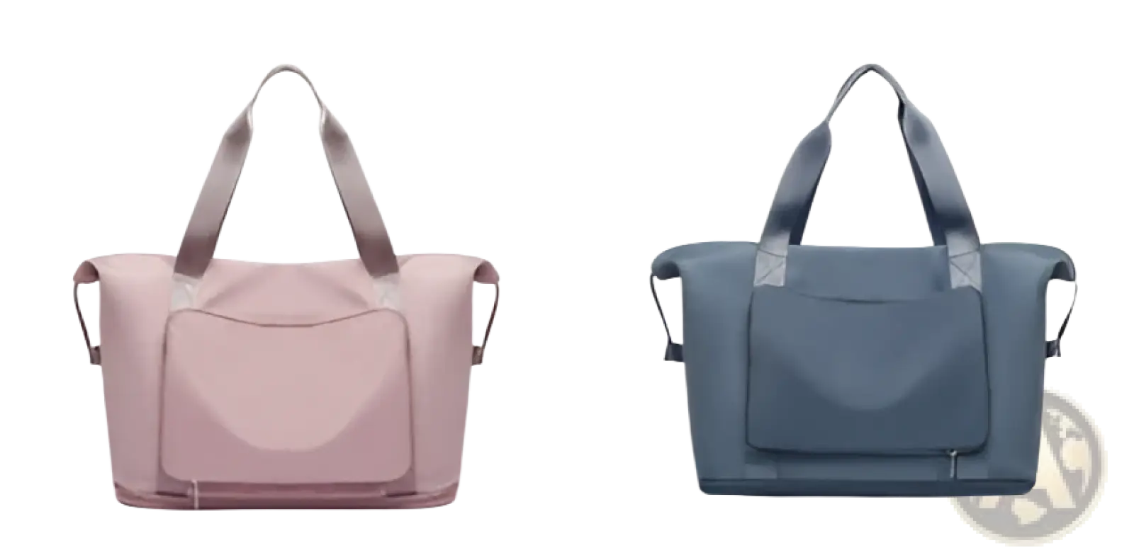 Foldable waterproof gym bags in soft pink and muted blue-gray with shoe pockets and minimalist design for travel