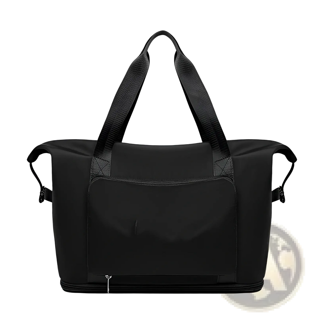 Black nylon foldable gym bag duffel with reinforced handles and front zippered pocket for travel and shoes storage