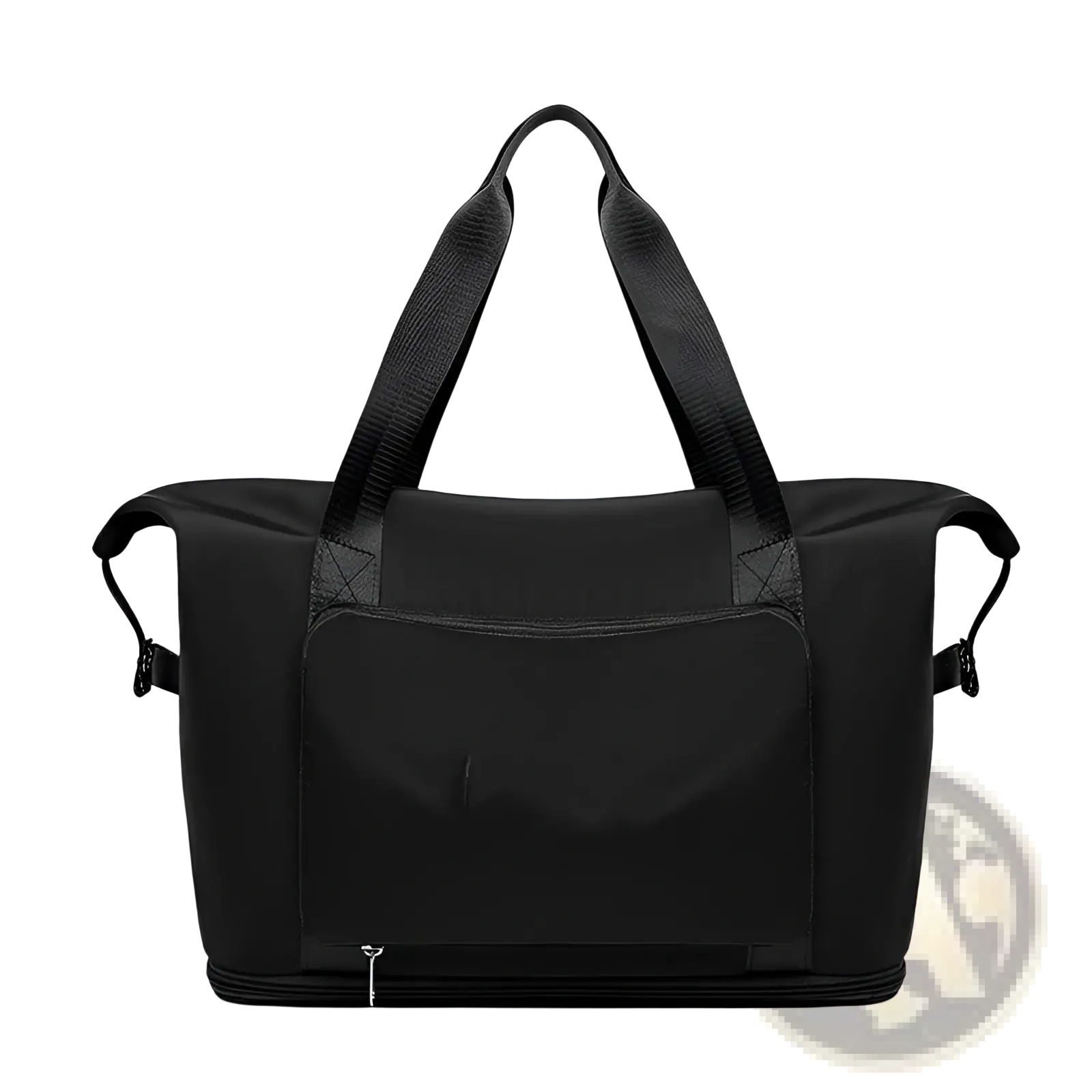 Black nylon foldable gym bag duffel with reinforced handles and front zippered pocket for travel and shoes storage