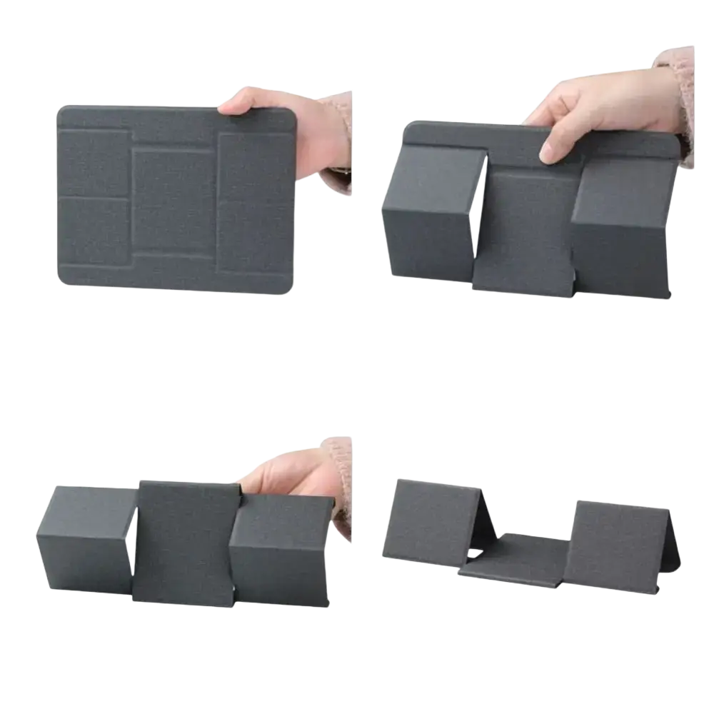 Black foldable laptop stand made of rigid plastic with minimalist geometric design for 12 to 16 inch devices