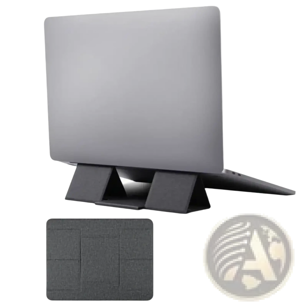 Foldable black fabric laptop stand with triangular support legs and textured surface for 12 to 16 inch devices