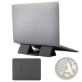 Foldable black fabric laptop stand with triangular support legs and textured surface for 12 to 16 inch devices