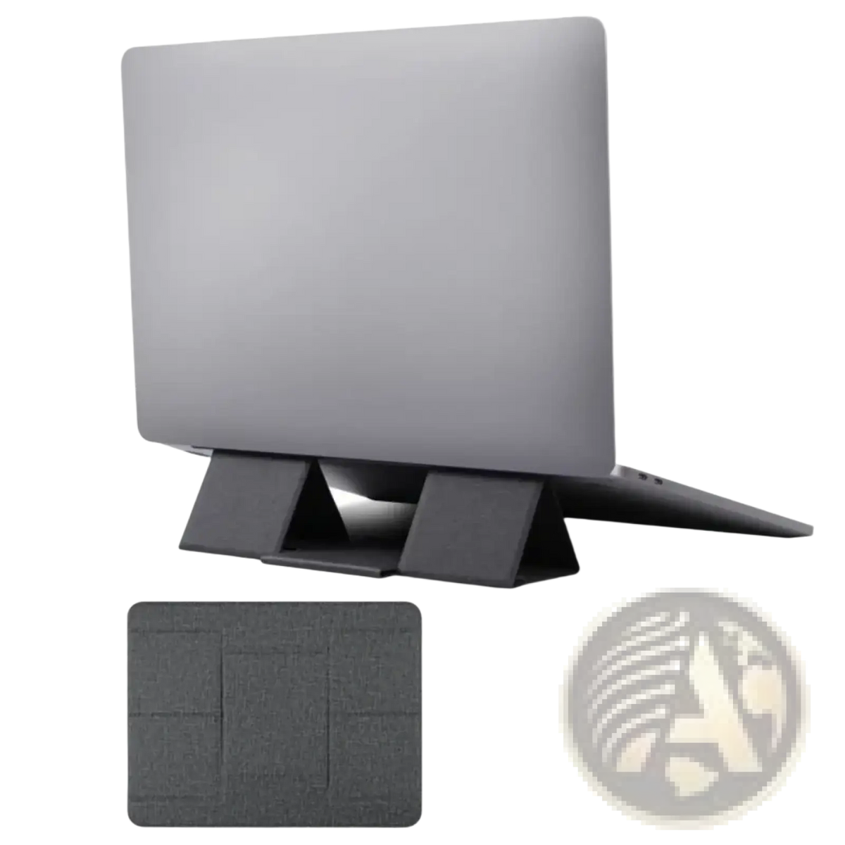 Foldable black fabric laptop stand with triangular support legs and textured surface for 12 to 16 inch devices