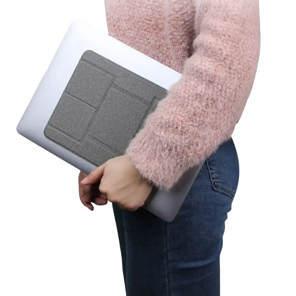 Gray foldable laptop stand with textured fabric surface and segmented design for 12 to 16 inch devices