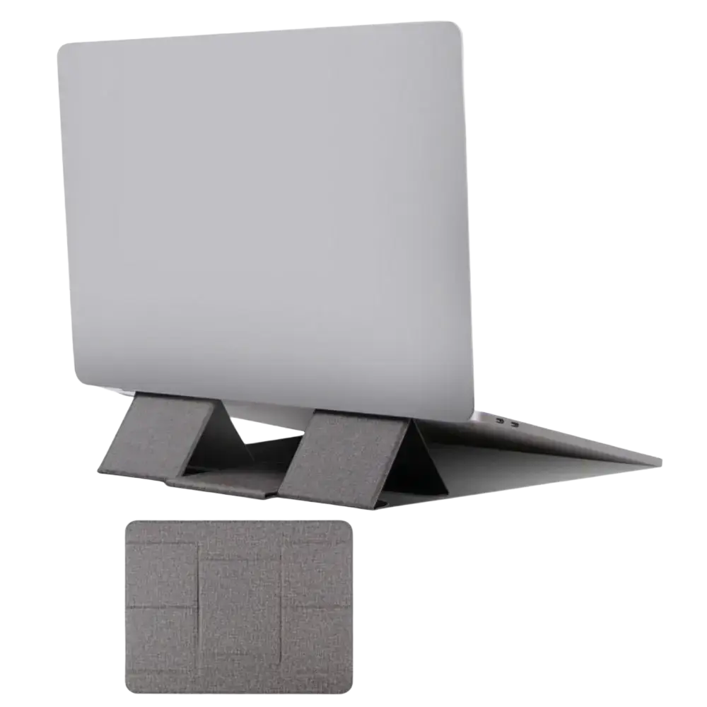 Gray fabric foldable laptop stand with geometric patterned surface for 12 to 16 inch devices