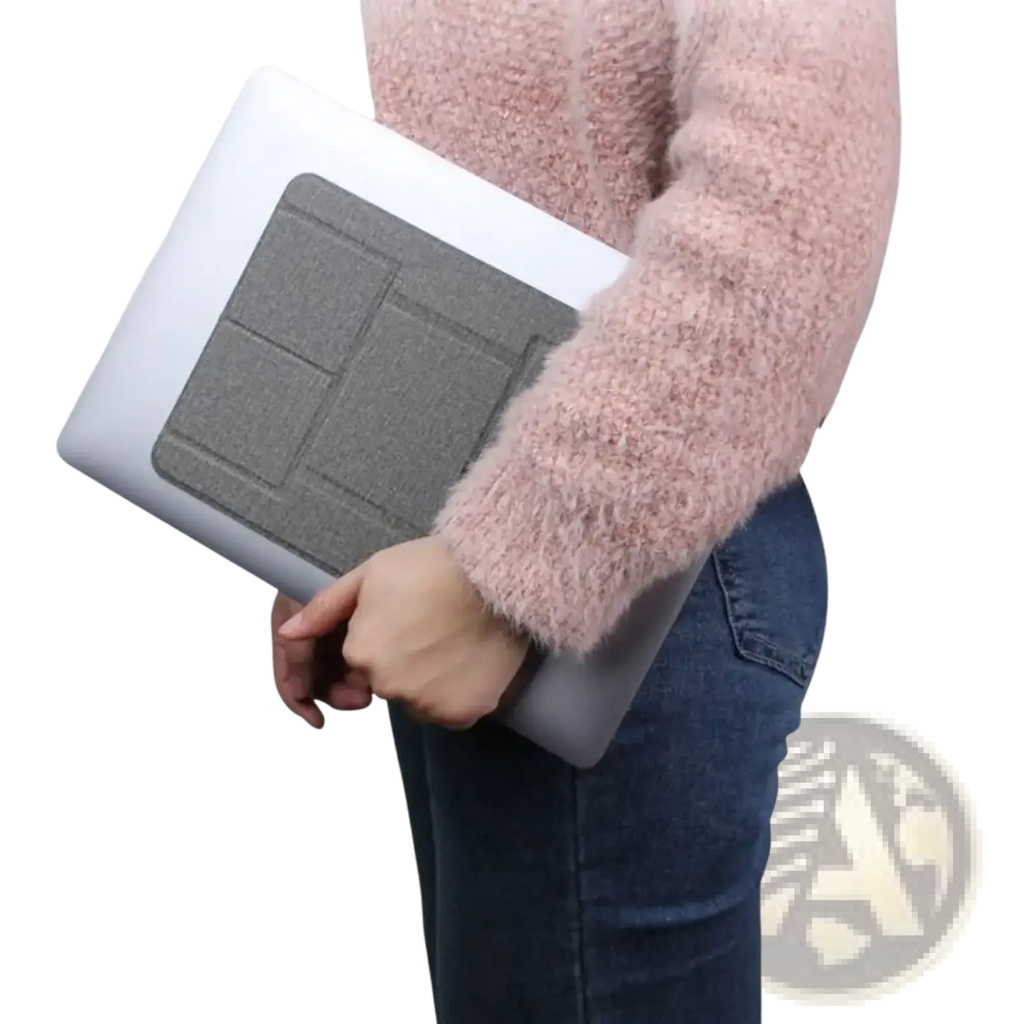 Gray foldable laptop stand with textured fabric surface and segmented design for 12 to 16 inch devices
