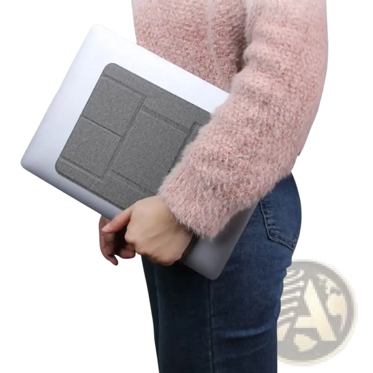 Gray foldable laptop stand with textured fabric surface and segmented design for 12 to 16 inch devices