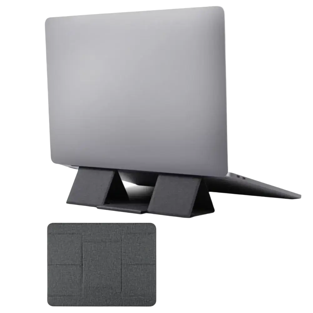 Black foldable laptop stand with triangular support legs and textured surface for 12 to 16 inch notebooks