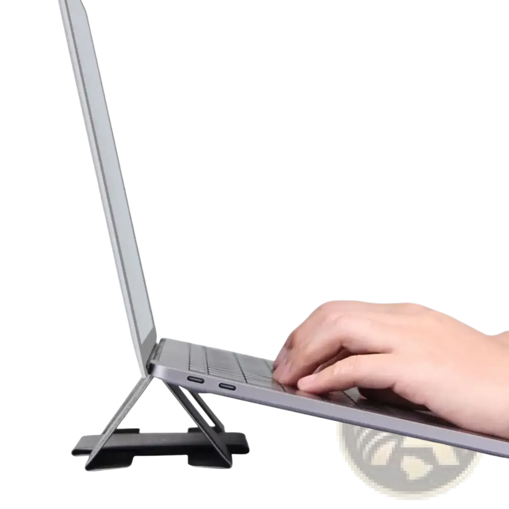 Black foldable aluminum laptop stand supporting a silver laptop for 12 to 16 inch notebooks use