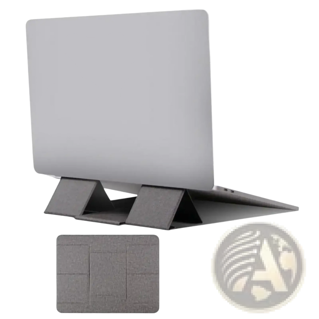 Foldable laptop stand in gray fabric with geometric patterned surface for 12 to 16 inch notebooks