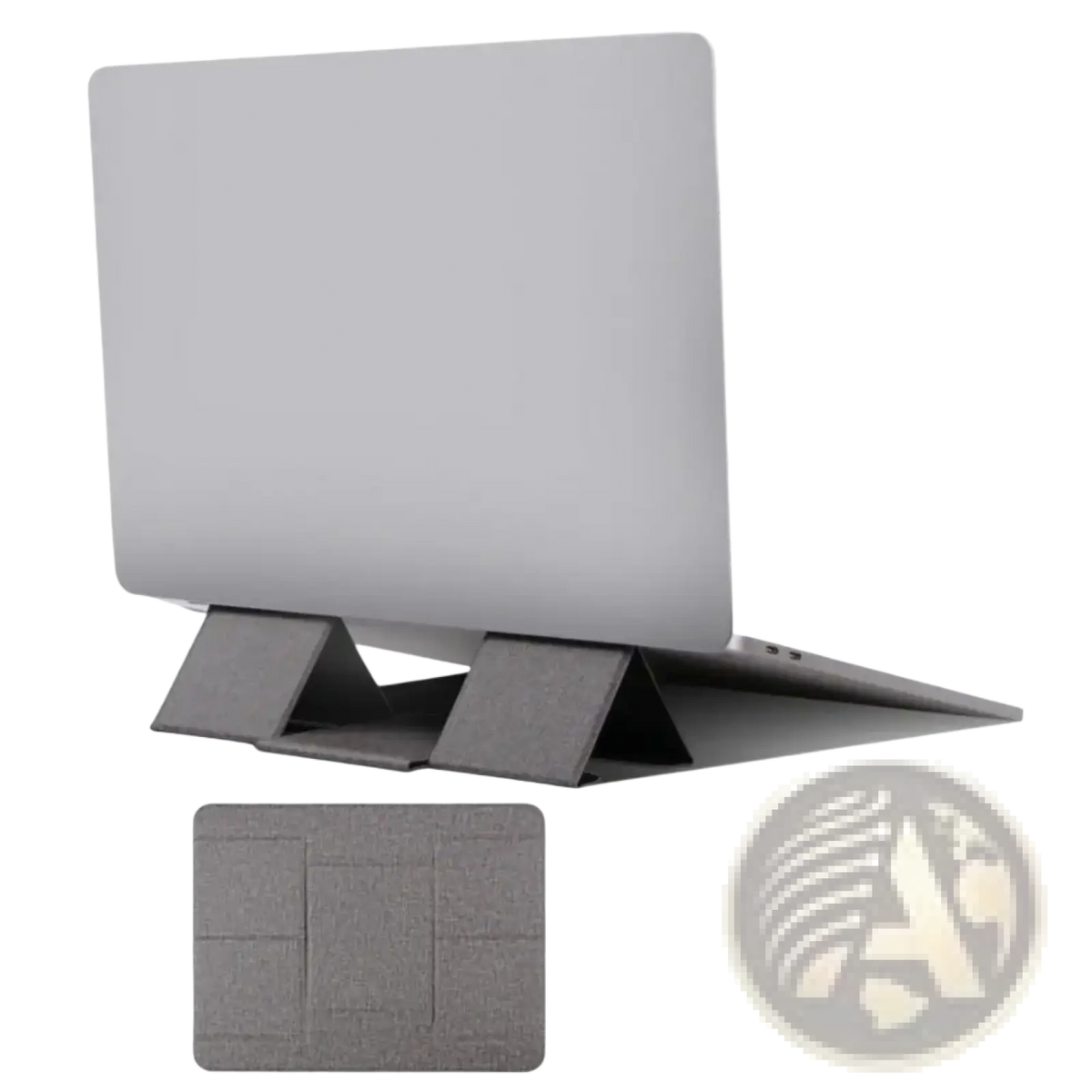 Foldable laptop stand in gray fabric with geometric patterned surface for 12 to 16 inch notebooks