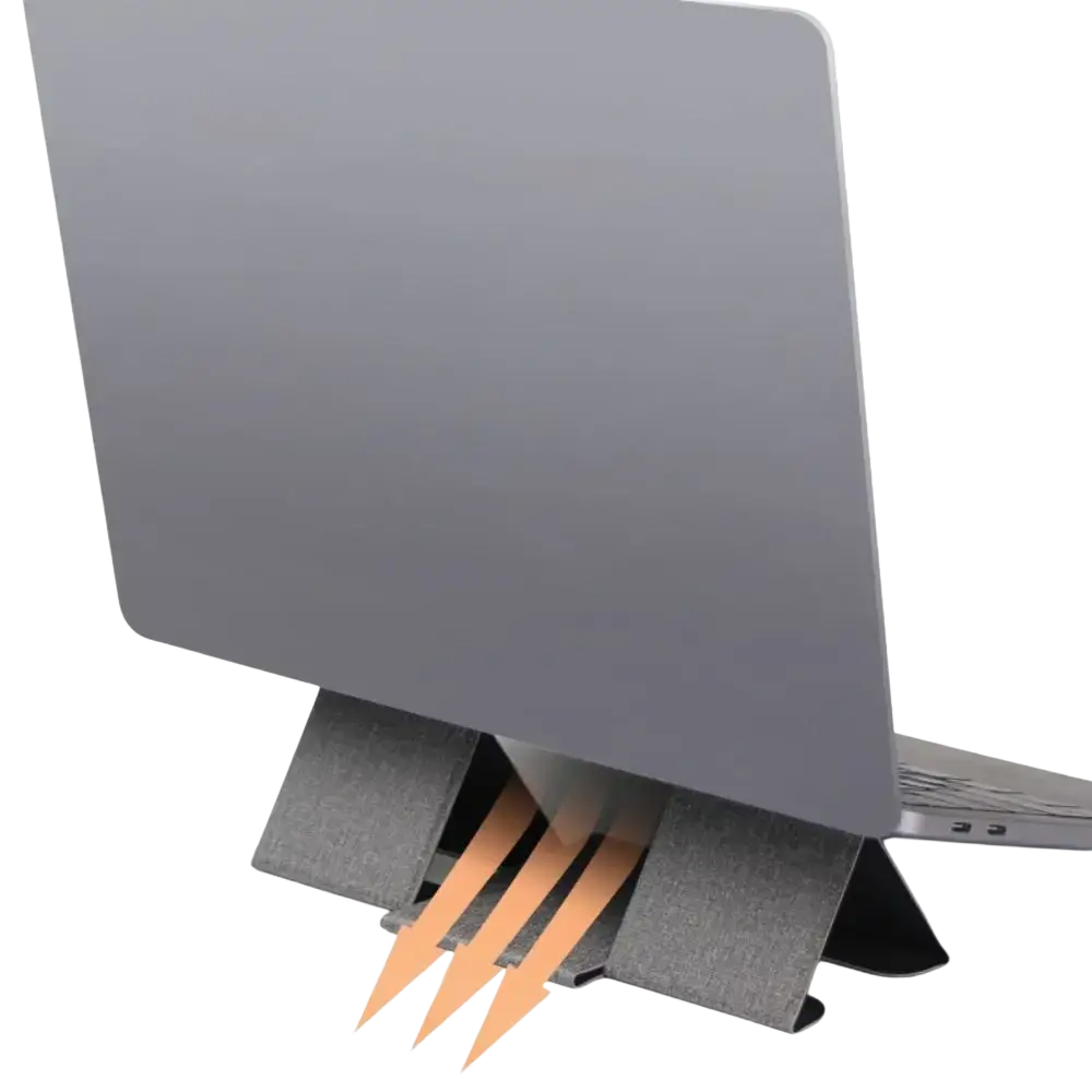 Foldable gray laptop stand with textured fabric surface and angular design for 12 to 16 inch notebooks