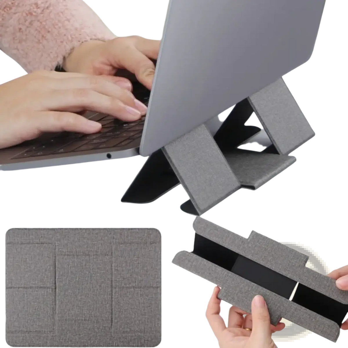 Gray textured foldable laptop stand with multi-angle support designed for 12 to 16 inch notebooks