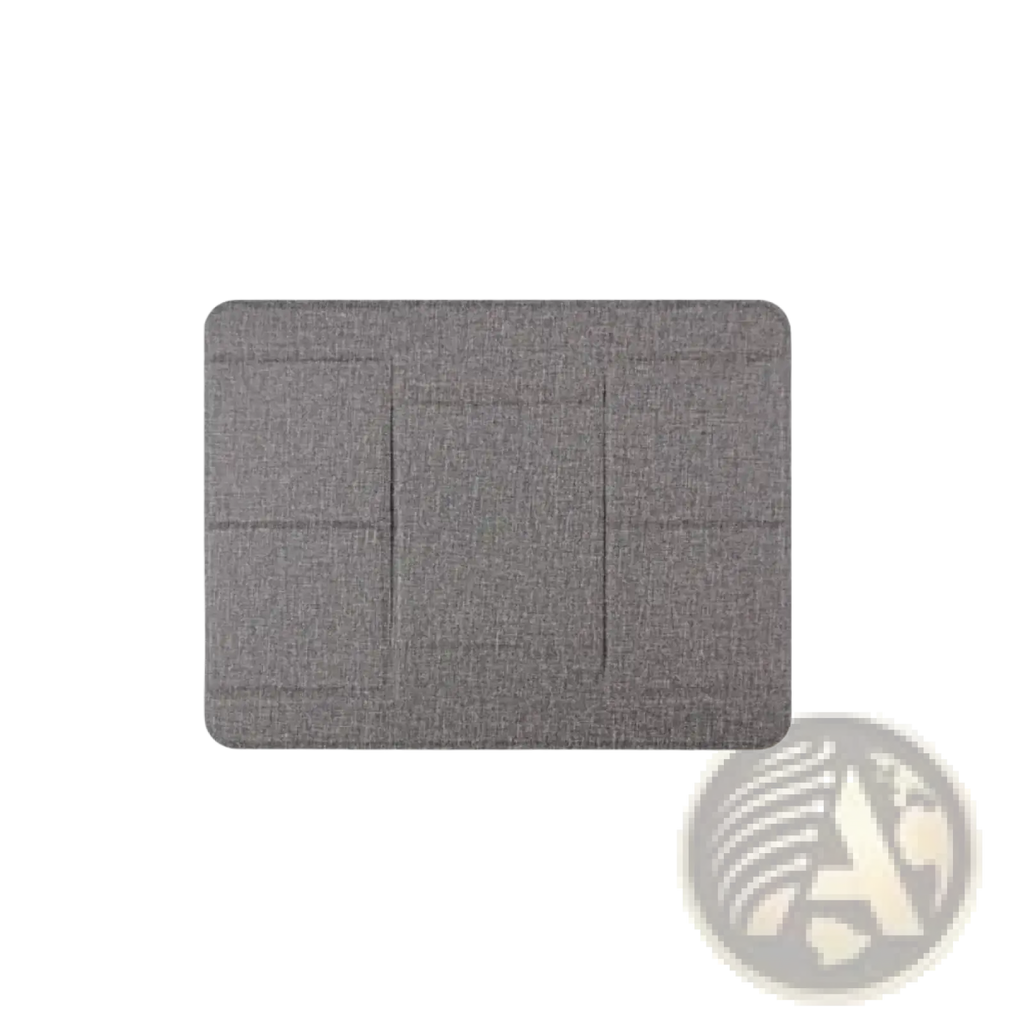 Foldable gray textured fabric laptop stand with foldable design sized 210mm by 160mm for 12 to 16 inch notebooks