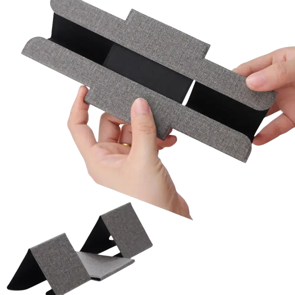 Foldable laptop stand with gray textured fabric and black inner panels for 12 to 16 inch notebooks