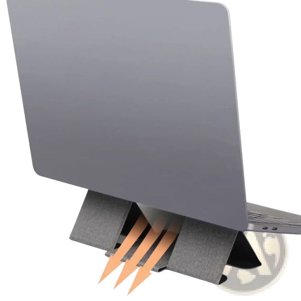 Foldable gray laptop stand with textured fabric surface and angular design for 12 to 16 inch notebooks