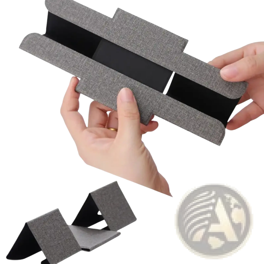 Foldable laptop stand with gray textured fabric and black inner panels for 12 to 16 inch notebooks