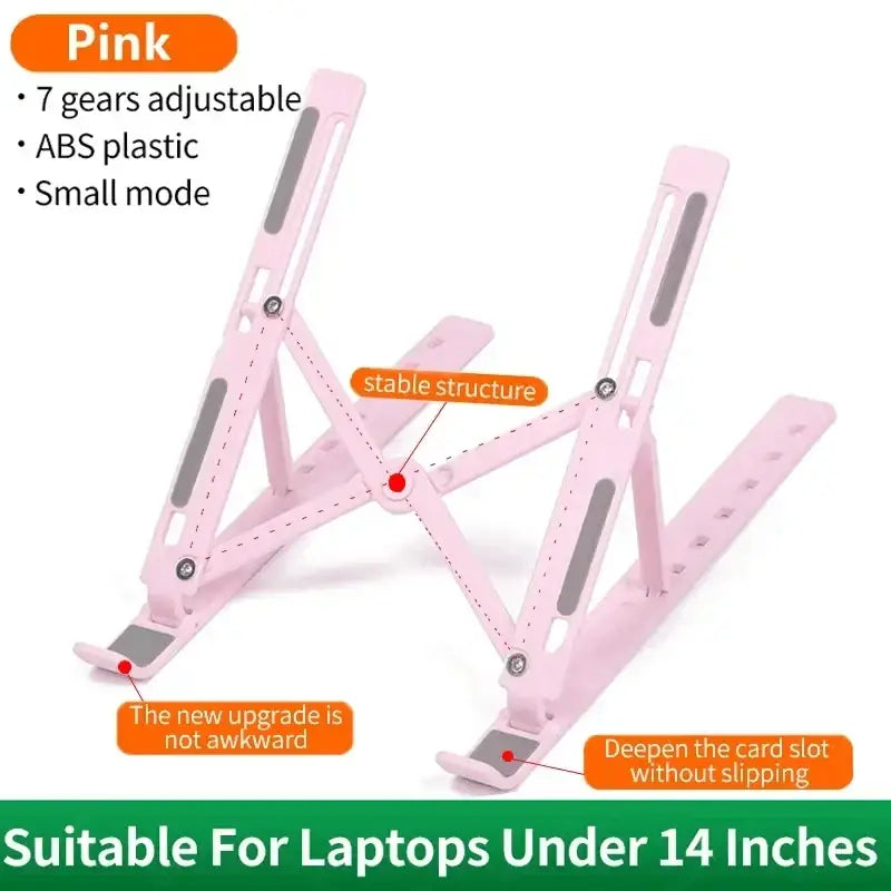 Pink abs plastic foldable laptop stand holder notebook with 7 adjustable gears and stable stand holder structure