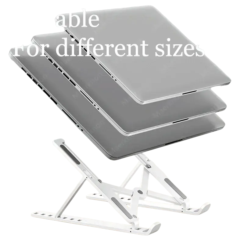White foldable adjustable plastic laptop stand holder notebook supporting multiple silver laptops for versatile use