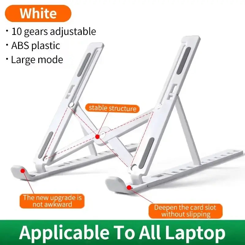 White abs plastic foldable laptop stand holder notebook with 10 gears for adjustable angles and stable structure