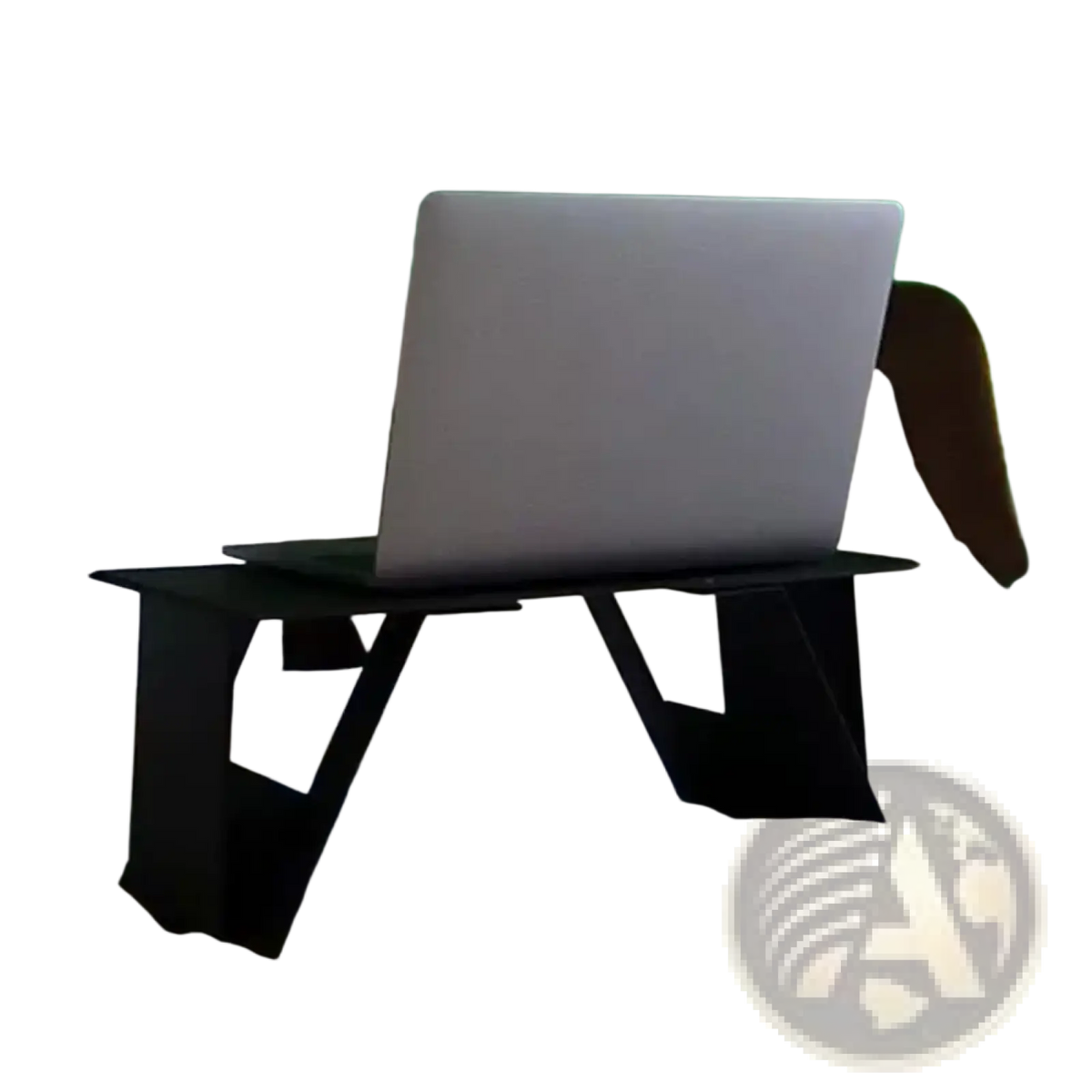 Black foldable laptop stand with angular geometric legs supporting a silver laptop for adjustable portable use