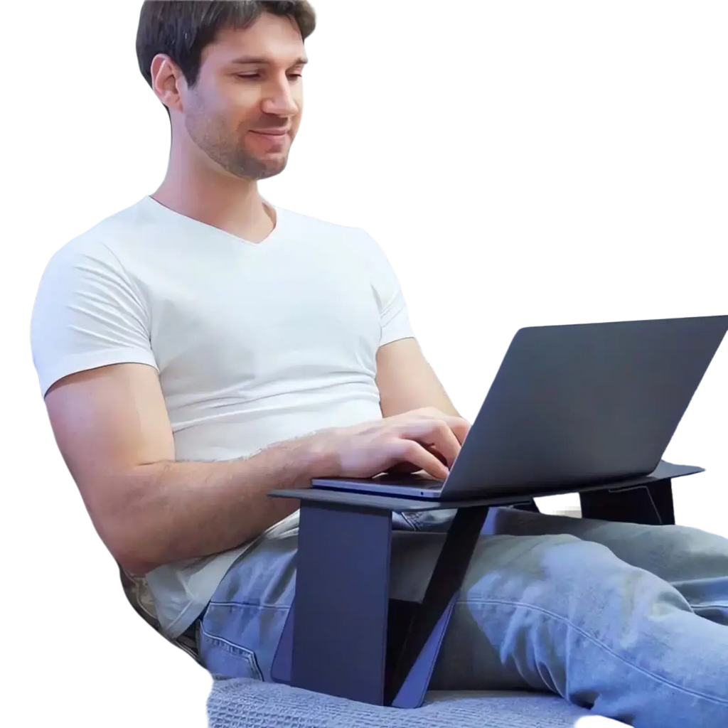 Black folding computer stand made of metal with adjustable height for portable laptop use on desk