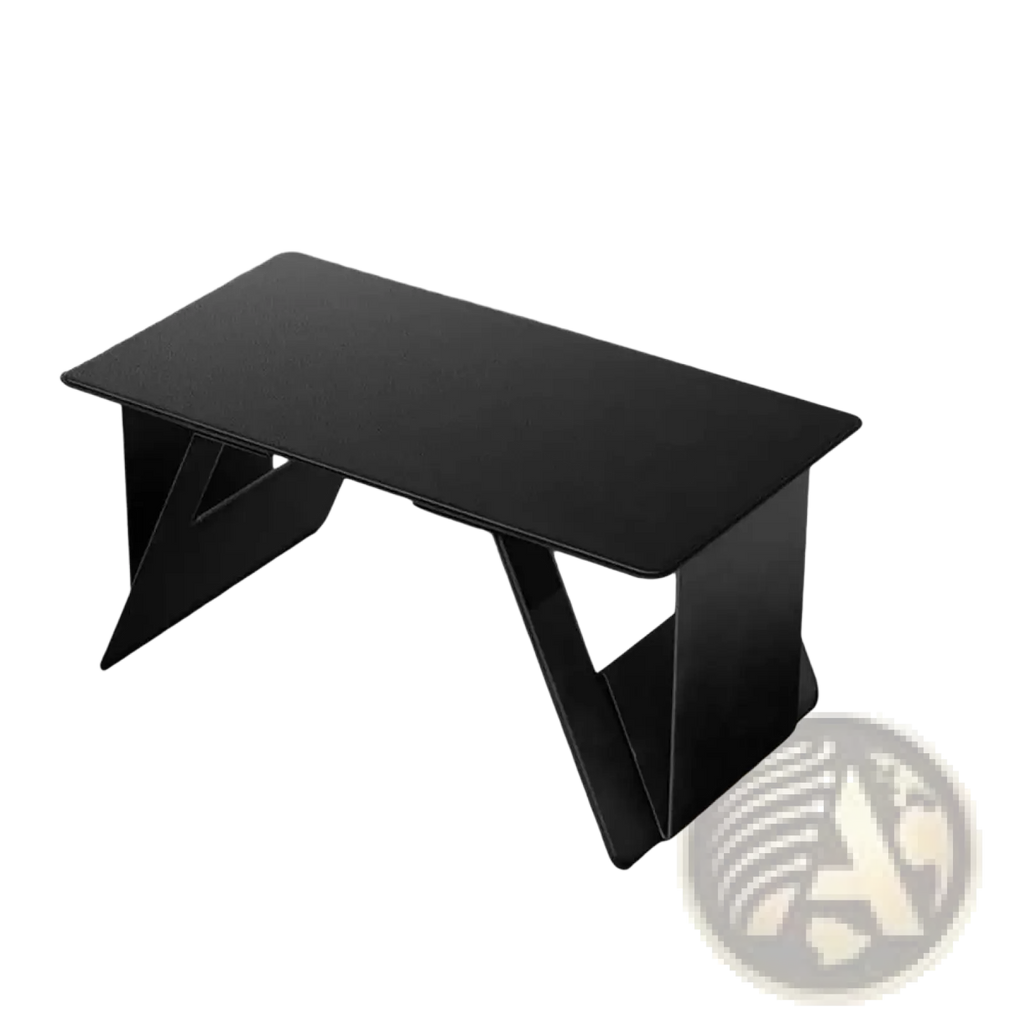 Black minimalist foldable laptop stand with sleek angular legs and smooth surface for portable adjustable use