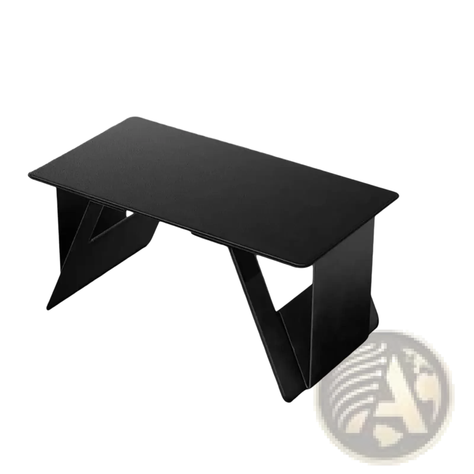 Black minimalist foldable laptop stand with sleek angular legs and smooth surface for portable adjustable use