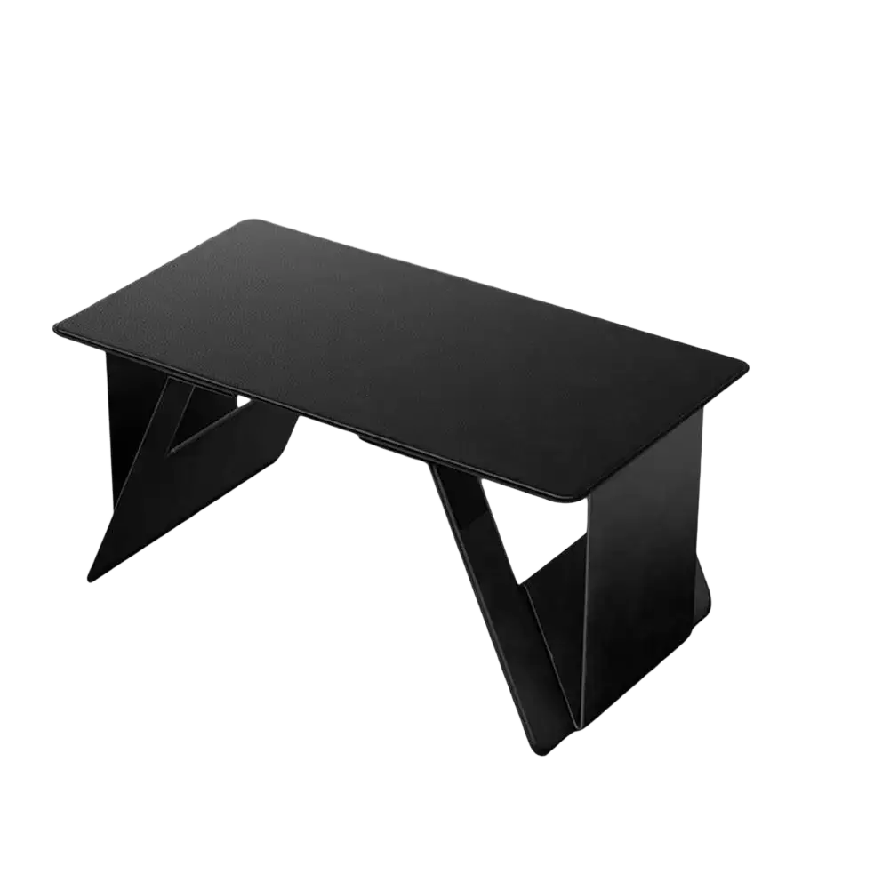 Black minimalist foldable laptop stand with sleek angular legs and smooth surface for portable adjustable use