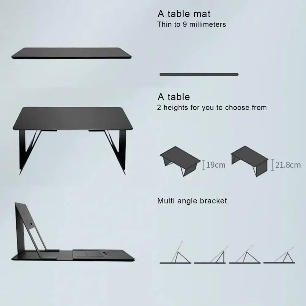Black minimalist 9mm thick table mat for adjustable height support under tabletop in foldable laptop stand desk
