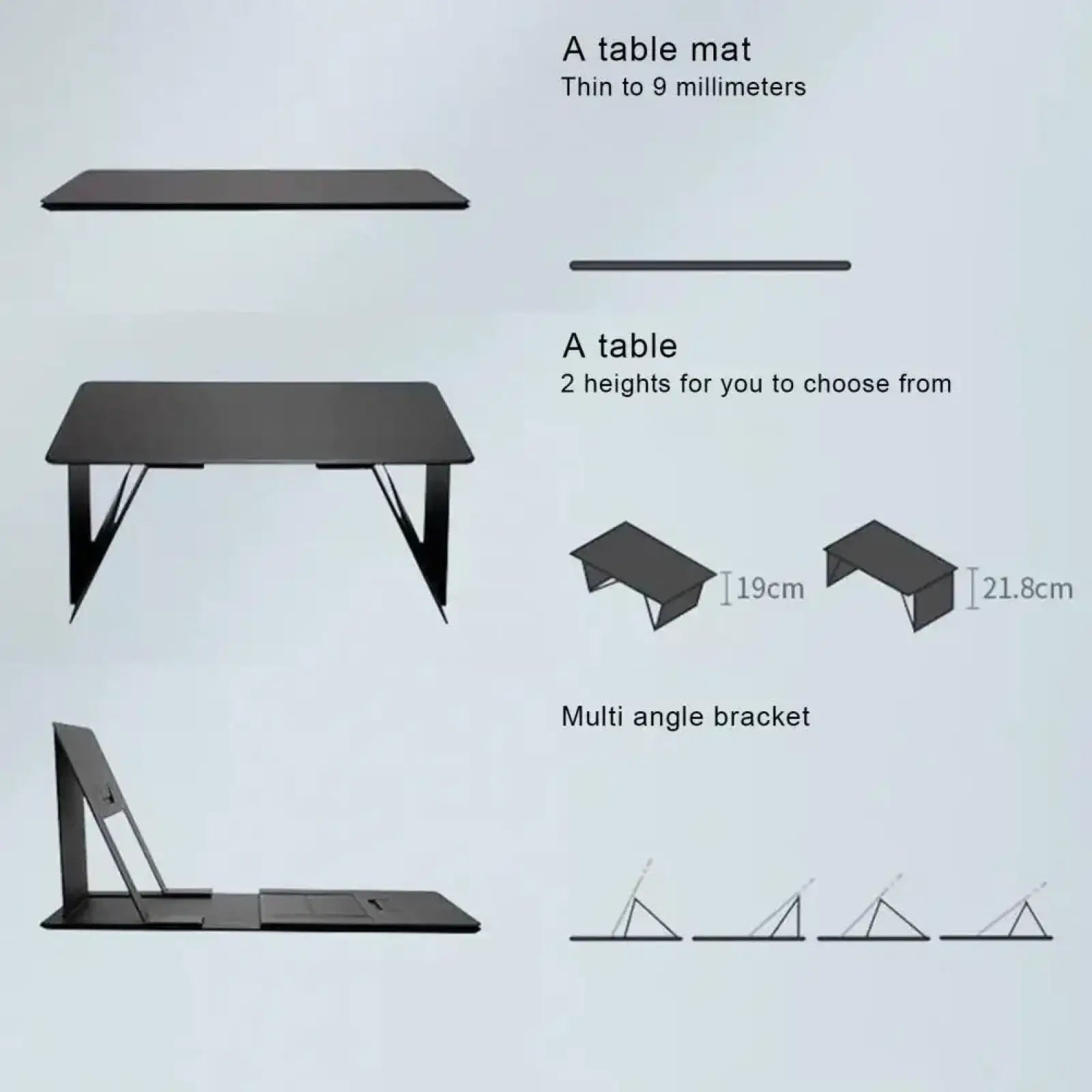 Black minimalist 9mm thick table mat for adjustable height support under tabletop in foldable laptop stand desk