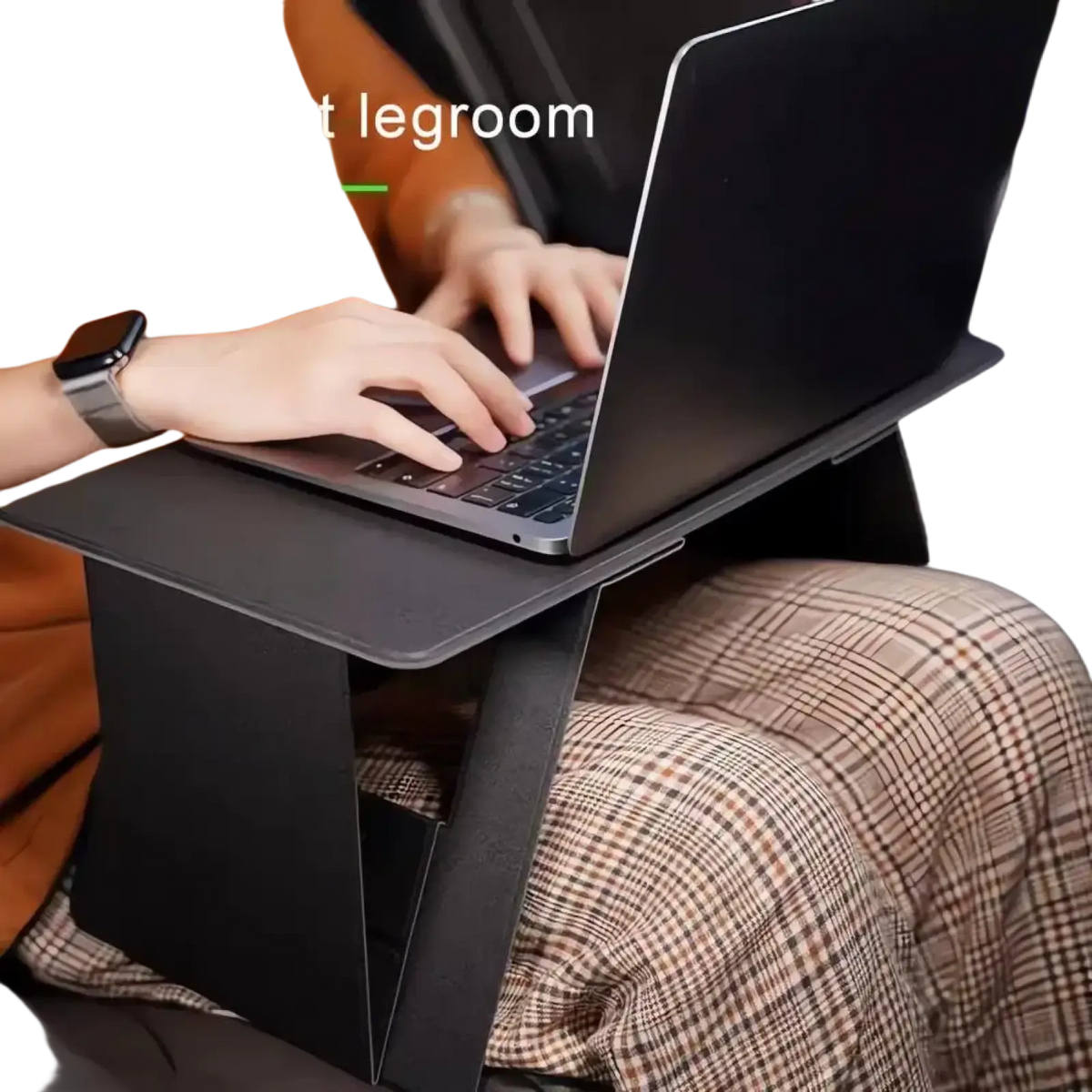 Black foldable laptop stand with adjustable height and sleek minimalist design for portable desk use