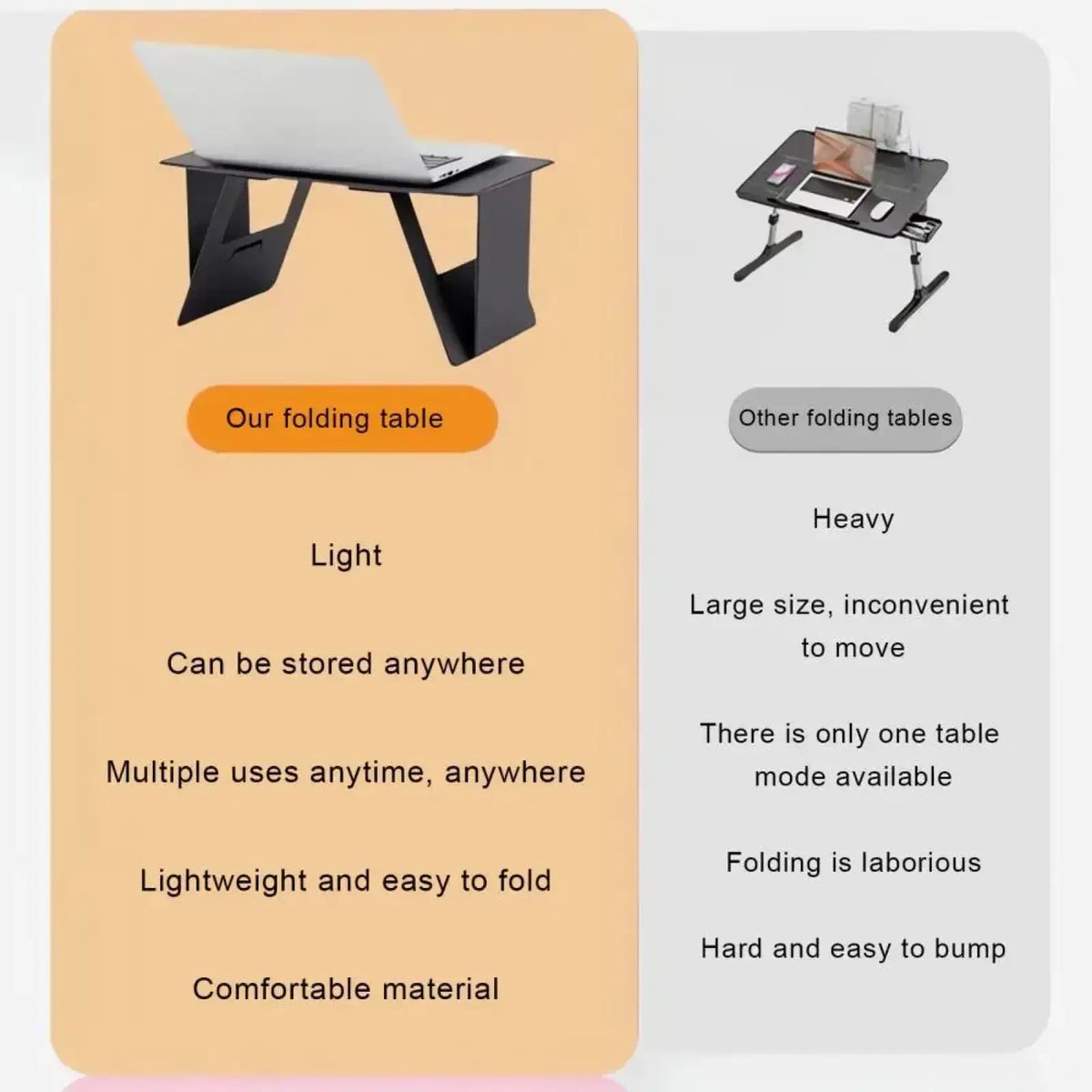 Black folding laptop table with sleek minimalist design and sturdy v-shaped legs for portable adjustable use